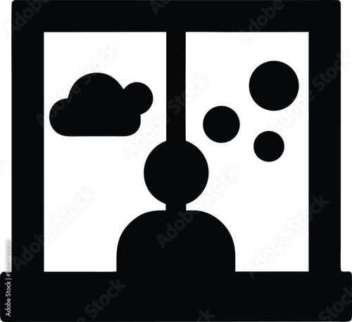 person staring out window thoughts as floating shapes silhouette vector illustration on transparent background