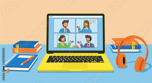 A laptop displays a video conference call with four participants and study materials