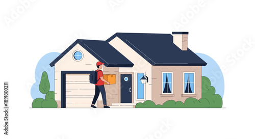 Delivery person handing a package to a residential home s doorstep