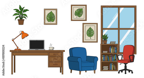 A brightly lit home office interior with desk chair and plant decor