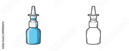 Nasal spray bottle shown in colored and outline styles featuring blue and white tones used for medical treatment and healthcare purposes on a plain white background