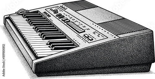 Vintage electronic keyboard illustration in black and white, retro synthesizer instrument with detailed halftone texture, music technology concept design
