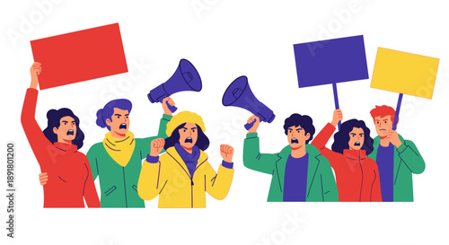 A diverse group of people protesting with signs and megaphones