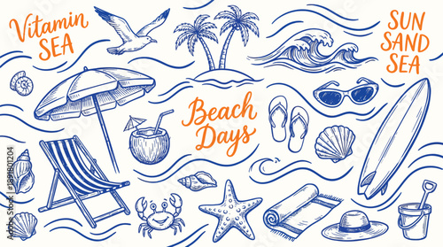 Hand Drawn Beach Themed Vector Set with Summer Doodles Including Waves, Palm Trees, Seashells, Crabs, Sunglasses, and Surfboards for Vacation Designs, T Shirt Prints, and Tropical Projects