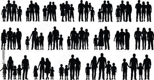 Family silhouette collection in black and white, parents and children standing together, diverse household figures illustration set for social concepts