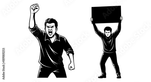 Two men demonstrating one raising a fist the other holding a blank sign