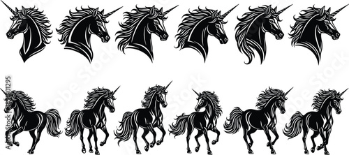Unicorn silhouette collection in black and white, magical fantasy horses with flowing manes, mythical creatures illustration set for creative design