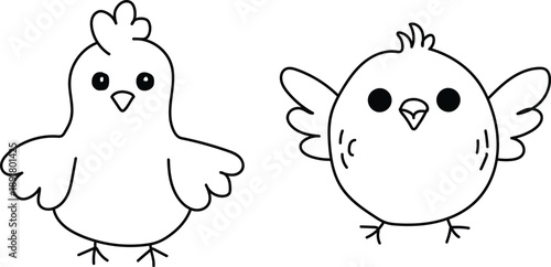Two simple black and white cartoon chicks chicken bird