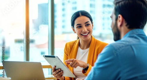 Smiling businesswoman discussing project on digital tablet