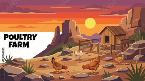 Free range poultry farm illustration vector with chickens outdoors, highlighting ethical farming, egg production, and sustainable livestock agriculture.