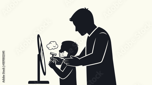 Father teaching son to shave face.