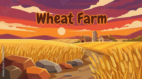 Golden wheat farm illustration stretching to the horizon, symbolizing grain production, food security, and traditional farming landscape.