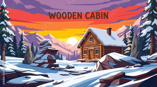 wooden cabin surrounded by snowy mountains and pine trees, creating a peaceful winter retreat scene ideal for travel, lifestyle, and seasonal branding
