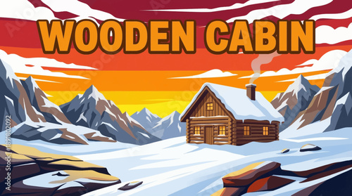 wooden cabin surrounded by snowy mountains and pine trees, creating a peaceful winter retreat scene ideal for travel, lifestyle, and seasonal branding