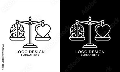 Brain and heart balanced on a scale representing emotional and logical equilibrium.