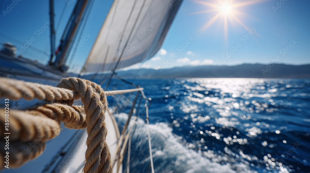 Obraz premium Close-up of sailboat sails and ropes, vibrant sunlight reflecting off water, summer ocean background, freedom and travel on the open sea