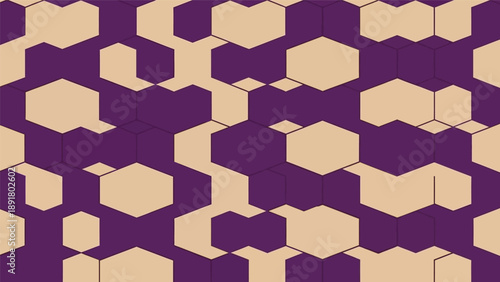 Seamless geometric pattern with 3D hexagons in purple and beige.