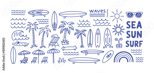Hand Drawn Doodle Beach and Surf Icon Vector Set Featuring Tropical Palm Trees, Ocean Waves, Surfboards, and Sun Elements for Summer Designs, T Shirt Prints, Posters, and Coastal Branding