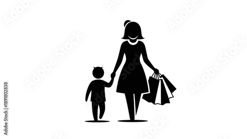 Silhouette of mother and child walking.