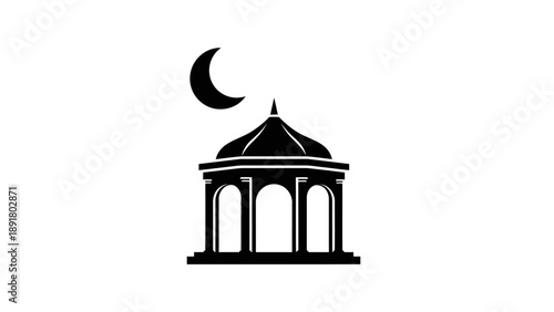 Simple black illustration of a mosque with a crescent moon.