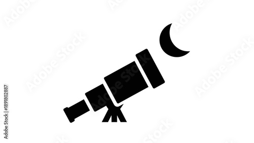 Telescope pointing at the crescent moon in the night sky.