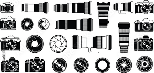 Professional camera and photography icon set featuring DSLR bodies, zoom lenses, apertures and shutter elements in black and white silhouette style