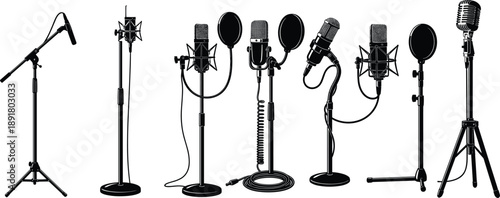 Set of professional studio microphones on stands including condenser and vintage styles isolated on white background for music recording, podcasting, and broadcasting concepts