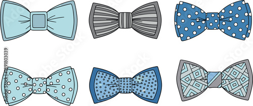 Set of stylish bow tie illustrations with modern patterns and colors isolated on white background for fashion accessories, menswear, formal wear, and design concepts