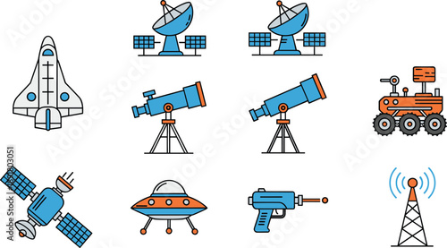 Space exploration and astronomy icon set featuring spacecraft, satellites, telescopes, UFO, rover and communication tower symbols in modern flat outline style