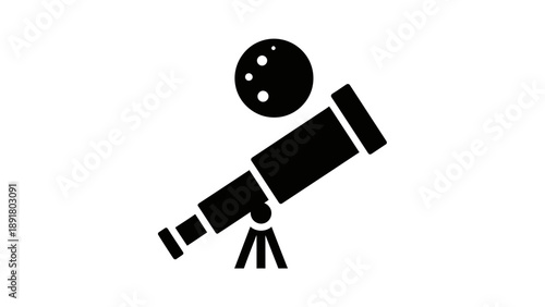 Simple black silhouette of a telescope viewing the moon.
