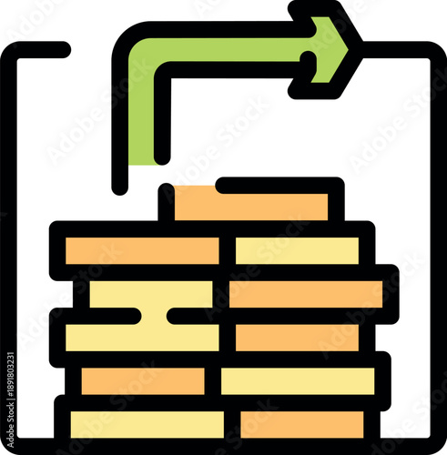 Logistic process of exporting goods from warehouse, with stacked boxes and green arrow symbolizing outgoing shipment