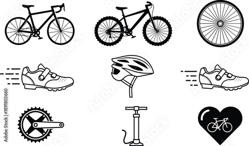Cycling and bicycle icon set featuring road bike, mountain bike, helmet, wheel, pump, shoes and gear symbols in black outline style