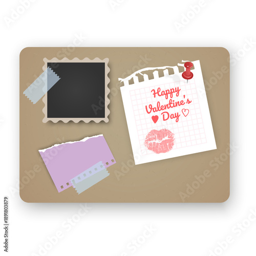 Cork board  with torn paper note with a "Happy Valentine's Day" message, a pink lipstick kiss mark, and a red pushpin. Realistic bulletin board texture with soft shadows, perfect for romantic mood boa