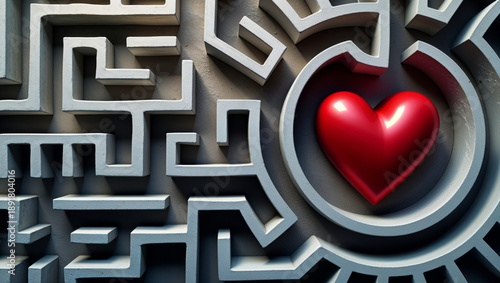 Exploring a maze with a red heart at the center. This symbolizes love and personal growth as one navigates life's challenges and emotional paths to success