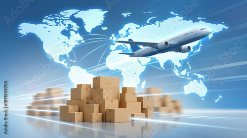 An airplane in flight transports cargo over a world map. Boxes are stacked to represent logistics and shipping. This scene shows the speed of modern supply chains and international delivery