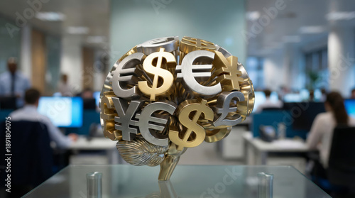 A brain model surrounded by various currency symbols represents the connection between financial intelligence and wealth creation
