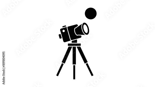 Simple black camera on tripod graphic illustration.