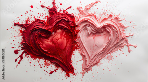 Two heart shapes made from red and pink paint are splashed on a plain background. This artwork represents love and affection, perfect for Valentine's Day cards or greetings