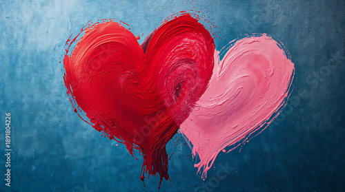 Two hearts in red and pink colors blend together against a blue background. This artwork captures themes of love and connection suitable for Valentine's day cards and decorations