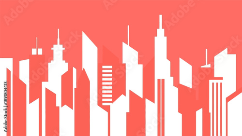 Modern City Skyline Silhouette Against Vibrant Red Background.