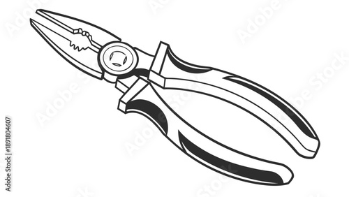 Combination tool featuring needle-nose pliers with insulated handles is presented in a detailed black and white line drawing style.