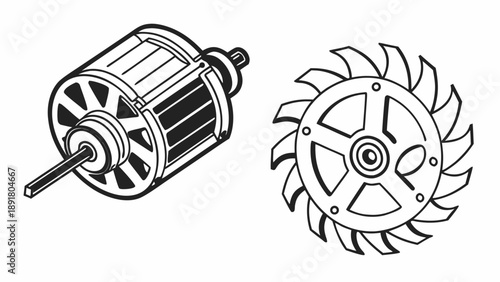 Two black and white technical drawings depict an electric motor component and a rotating fan blade assembly.