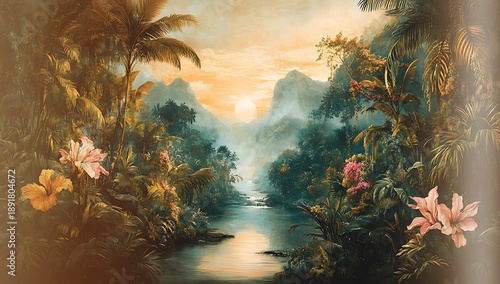 Tropical jungle landscape with river and flowers at sunset