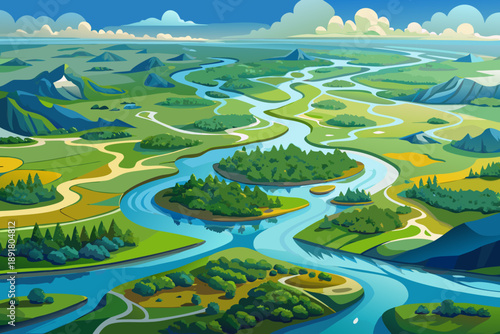 Aerial view of vast river delta system with complex network of waterways weaving through lush green vegetation, natural patterns of wetland landscape.