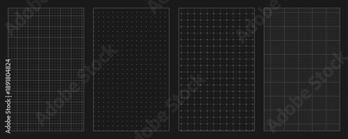 Black blueprint grid background set. Square grid notebook sheets, school note paper texture, editable stroke vector design for technical drawings, planners and templates