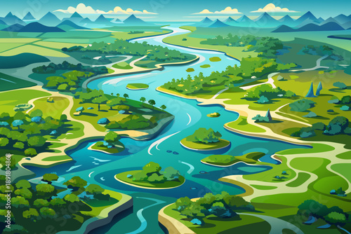 Aerial view of vast river delta system with complex network of waterways weaving through lush green vegetation, natural patterns of wetland landscape.