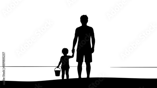 Silhouette of a man and child holding hands on a beach.