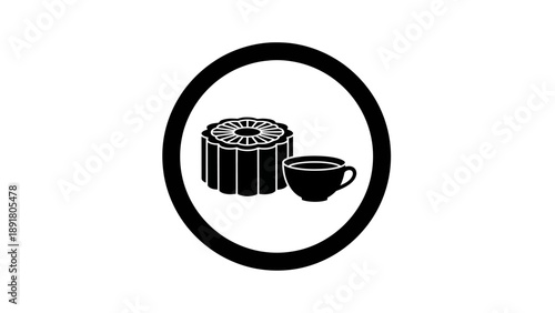 Coffee beans and cup icon in a circular frame.