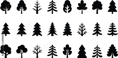 Collection of tree silhouettes and icons including pine, fir and deciduous trees, isolated on white background, black forest nature illustration set