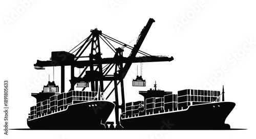 Container ship cargo vessel loading crates with crane silhouette on white background for logistics transportation and shipping concept